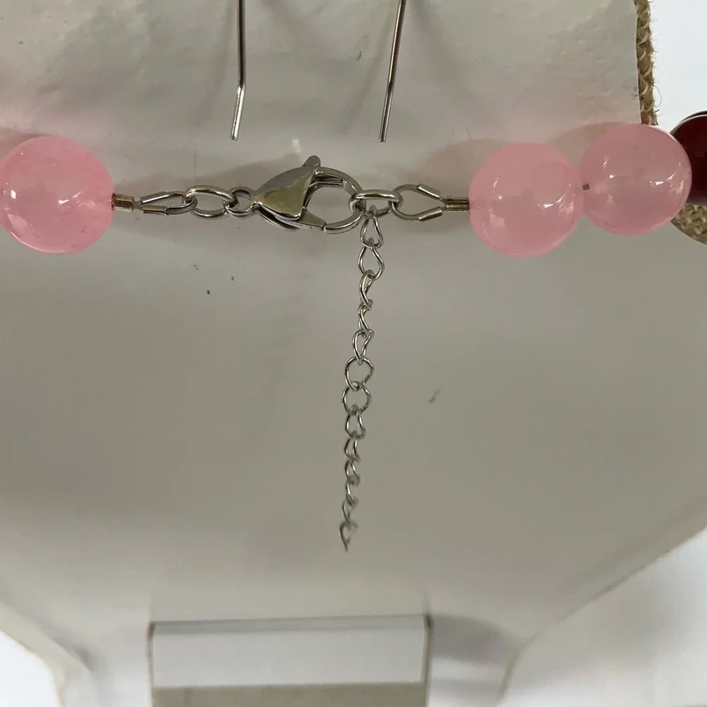 Hand Crafted Pink and Burgundy Beaded Jewelry Set Pierced Earrings and Necklace